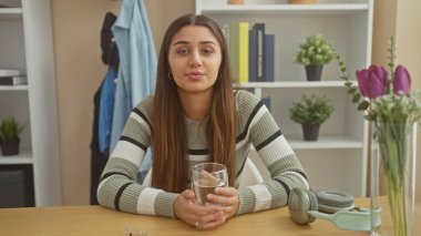 Genç bir kadın kapalı bir masada oturuyor, düşünceli görünüyor, bitkiler ve modern dekorlarla çevrili..