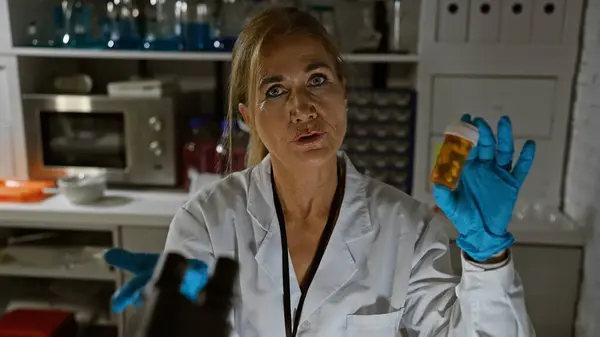 stock image A middle-aged blonde woman in a lab coat examines a prescription bottle in a laboratory setting, embodying experience in pharmacology.