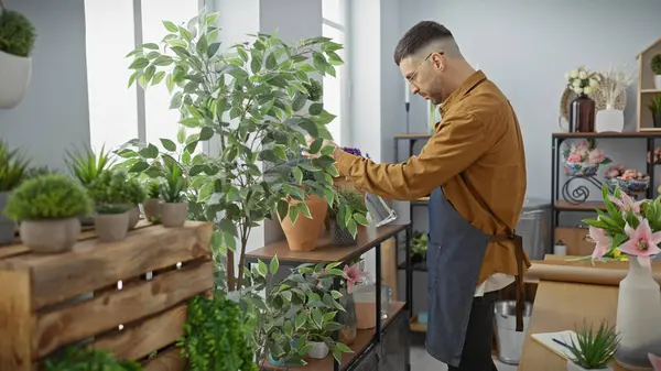 stock image A young hispanic man with a beard tends to plants in a lush indoor flower shop.