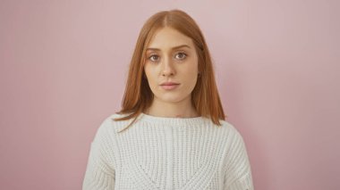 Pembe arka planda izole edilmiş beyaz saçlı genç bir kadının portresi, kendine güven ve cazibe yayıyor..
