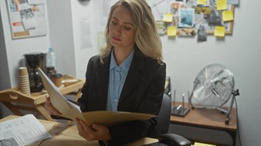 Karakolda belgeleri inceleyen genç sarışın kadın dedektif. Konsantrasyon ve soruşturma tasvir ediyor..