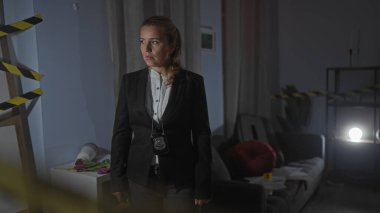 Rozetli genç ve ciddi bir kadın dedektif evdeki loş bir suç mahallini araştırıyor..