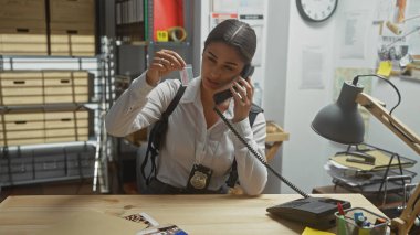 Genç bir kadın dedektif, yoğun bir karakolda telefonla kanıtları inceliyor..