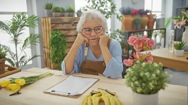 stock image A senior woman florist wearing glasses pensively poses in a plant-filled flower shop.