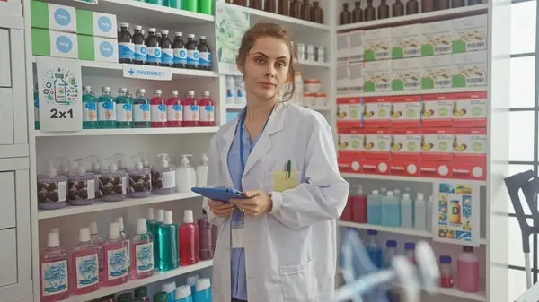 stock image Young caucasian woman pharmacist using a tablet in a modern, well-stocked drugstore