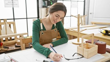 Bir kadın marangozluk atölyesinde, etrafı ahşap, aletler, gözlükler ve mankenlerle çevrili bir resim çiziyor..
