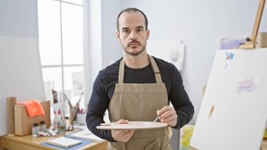 Önlük takan kel sakallı adam bir sanat stüdyosunda palet tutuyor..