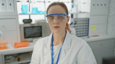 Beyaz önlüklü ve koruyucu gözlüklü kendinden emin genç bir kadın bilim adamı modern bir laboratuvar ortamında duruyor..