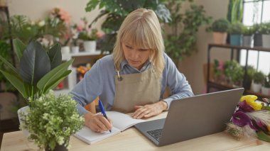 Not defterine dizüstü bilgisayarı ve arka planda bitkileri olan sarışın bir çiçekçi yazmış..