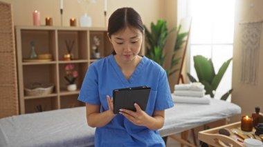 Mavi önlüklü genç Asyalı kadın sağIık spa odasında oturuyor, dingin ortamlar arasında dijital tablete odaklanmış..