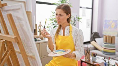 Sarı önlüklü düşünceli genç bir kadın ressam resimlerini parlak bir sanat stüdyosunda inceliyor..