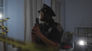 Odaklanmış bir kadın polis, kapalı bir alanda sönük bir suç mahallini araştırıyor, kolluk kuvvetlerinin çalışkanlığını somutlaştırıyor..