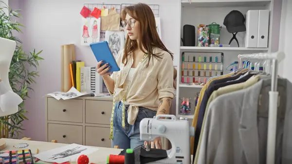 stock image Caucasian woman designer using tablet in creative atelier surrounded by sewing equipment and fabric.