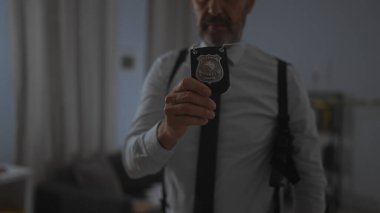 Kapalı alanda rozet takan sakallı dedektif, düşük aydınlatılmış ofis ortamında otoriteyi simgeliyor.