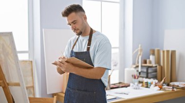 Bir sanat stüdyosunda çizim yapan, yaratıcı ve akademik temalı genç bir İspanyol..