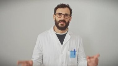 Neşeli orta yaşlı bilim adamı, şaşkınlıkla işaret ediyor, beyaz soyutlanmış arka planda aşırı derecede şaşırmış görünüyor. Bu yakışıklı sakallı adam üniforma giyiyor, neşeli bir gülümsemeyle poz veriyor..