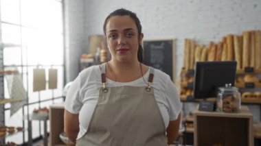 Pastanede önlük giyip gülümseyen kıvrımlı İspanyol bir kadın.