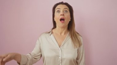 Yüzen genç İspanyol kadın, gülümsüyor, bir numara işareti yapıyor, parmağı parlak bir fikrin ampulünü işaret ediyor! İzole edilmiş pembe bir duvarın üzerinde duruyor, harika bir gömlek giyiyor.!