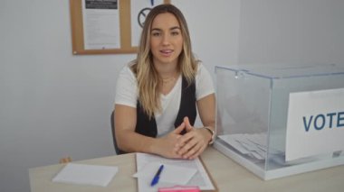 Genç, çekici, sarışın, beyaz bir kadın seçmen odasında kapalı bir masada oy kullanma materyalleriyle çalışıyor..