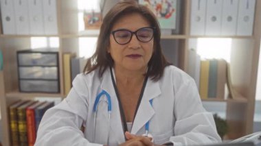 Kısa saçlı ve gözlüklü yaşlı bir İspanyol kadın, klinik odasında beyaz bir ceket giymiş, arka planda tıbbi kitaplar ve raflarla oturuyor, düşünceli görünüyor..