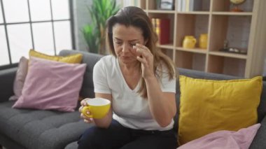 Baş ağrısı çeken kadın elinde fincanla evde oturuyor.