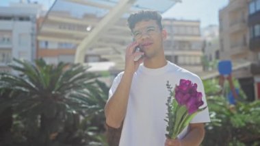 Genç bir İspanyol adam gün boyunca şehir parkında elinde çiçek buketiyle cep telefonuyla konuşuyor..