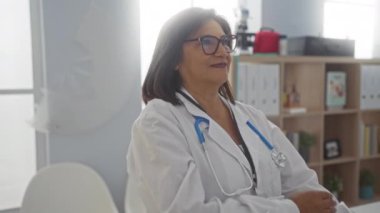 Kısa saçlı ve gözlüklü yaşlı İspanyol kadın doktor hastane kliniğinde kollarını kavuşturarak duruyor ve sağlık sektöründe profesyonelliğin ve olgun bir varlığın altını çiziyor..