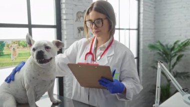 Genç sarışın kadın, parlak bir veteriner kliniğinde elinde dosya olan mutlu bir köpek hastayı muayene ediyor..