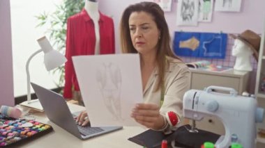 Odaklanmış bir kadın renkli bir terzi dükkanında dizüstü bilgisayarı ve dikiş teçhizatıyla bir moda eskizini inceliyor..