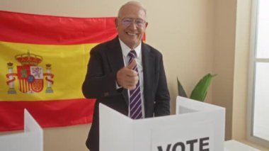İspanyol bayrağının önünde ayakta duran yaşlı bir adam, seçmen kurulunda oy verirken baş parmağını kaldırıyor..