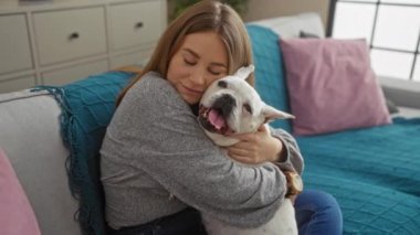 Modern bir oturma odasında rahat bir kanepede otururken mutlu köpeğini kucaklayan beyaz bir kadın evde sıcaklığını ve dostluğunu iletiyor..