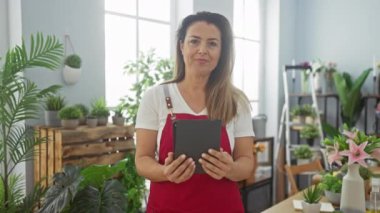 Elinde tablet olan gülümseyen bir kadın, elinde bitkilerle dolu bir odada duruyor ve evde bahçe işleri kavramını temsil ediyor..