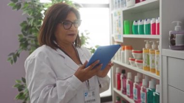 Eczanede kısa saçlı ve gözlüklü orta yaşlı bir kadın elinde tablet, çeşitli sağlık ve güzellik ürünleriyle dolu raflarla çevrili..