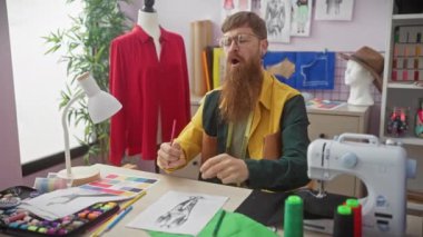 Kızıl sakallı adam renkli bir terzi dükkanında çizim yapıyor dikiş malzemeleri ve mankenlerle..