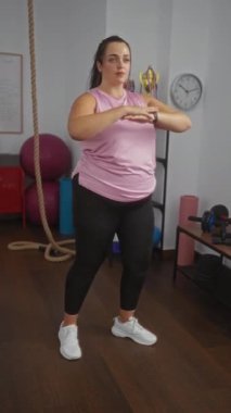 Spor salonunda spor salonunda spor yapan kıvrımlı bir kadın. Arka planda spor aletleri var. Pembe bluz ve siyah tayt giyiyor.