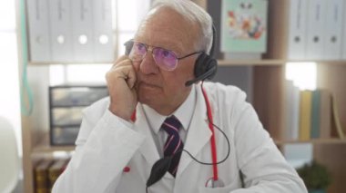 Yaşlı, gri saçlı, gözlüklü ve kulaklıklı bir adam klinikte çalışıyor, kırmızı steteskoplu beyaz bir ceket giyiyor ve arka planda bir veteriner işyeri olduğunu gösteren kitaplıklar var..