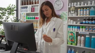Eczanede laboratuvar önlüğü giyen beyaz bir kadın bilgisayarda yazarken ilaç şişesine bakıyor..