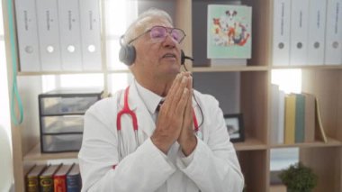 Üst düzey erkek veteriner beyaz önlük ve kırmızı steteskop giyiyor, klinikteki bir kulaklıktan konuşuyor, tıbbi dosyalar ve evcil hayvan posterleriyle çevrili iken el kol hareketi yapıyor..