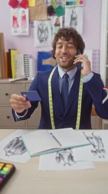 Terzi dükkanındaki neşeli İspanyol bir adam elinde kredi kartıyla gülümsüyor ve telefonda konuşuyor. Etrafı moda çizimleri ve mezuralarla çevrili..