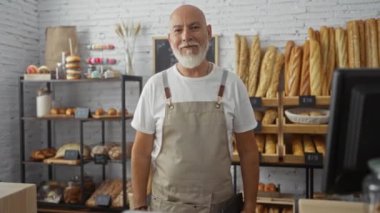 Fırında tablet tutan sakallı yaşlı bir adam raflarda çeşitli ekmek çeşitleri sergileniyor.