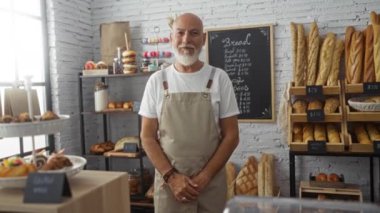 Orta yaşlı bir adam, ahşap raflarda ve tezgahlarda düzgünce düzenlenmiş çeşitli hamur işleri ve somunları sergiliyor..