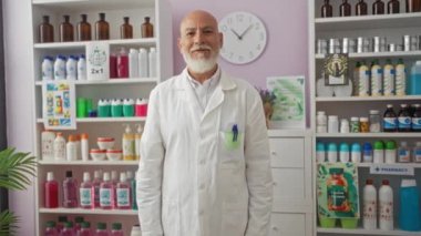 Gri saçlı adam eczanede arka planda raflar dolusu ürünle iyi bir jest yapıyor.
