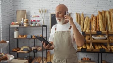 Beyaz saçlı, sakallı, fırında çalışan, önlük takan, telefonla konuşan ve elinde çeşitli ekmek ve hamur işleriyle dolu bir dükkânın içinde tablet tutan yaşlı bir adam..