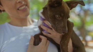 Güneşli bir günde şehir parkında köpeğini tutan beyaz bir kadın..