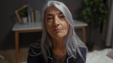 Yatak odasında gülümseyen, gri saçlı ve pijamalı bir kadın.
