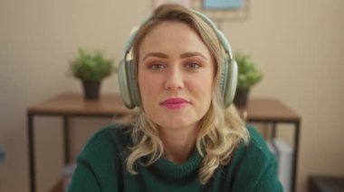 Evde kulaklık takan gülümseyen sarışın bir kadın, ev ortamında keyif veriyor, eğlence ve mutluluğu simgeliyor..