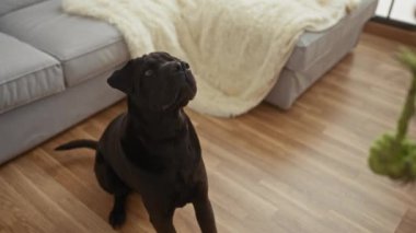 Siyah bir köpek, ahşap bir zeminde, yumuşak bir battaniyeyle kanepenin yanında oynuyor..