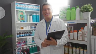 Beyaz önlüklü ve mavi kimlikli gülümseyen bir eczacı. İçi çeşitli sağlık ürünleri ve gri duvarda bir saatle dolu iyi aydınlatılmış bir eczanede pano tutuyor.