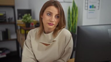 Ofis ortamında genç, çekici, sarışın bir kadın bilgisayar ekranına bakarken düşünceli ve düşünceli görünüyor..