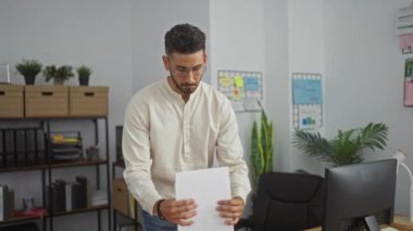 Raflar, klasörler, bitkiler ve duvar notlarıyla çevrili bir masanın yanında duran bir ofiste evrak hazırlayan İspanyol genç adam..